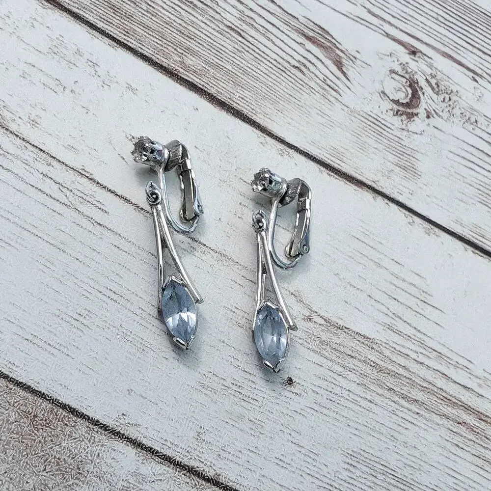 Vintage Avon Clip On Earrings - Silver Tone with Blue Gem Dangle